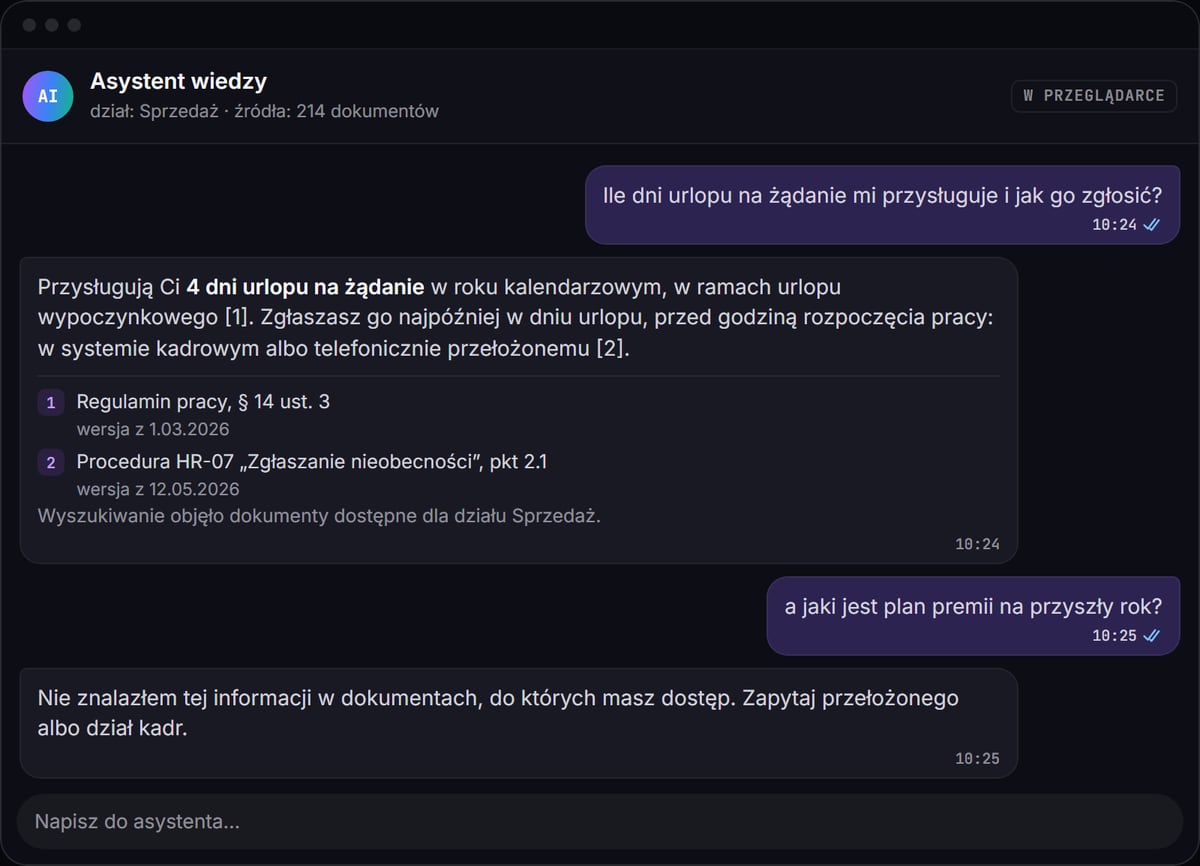 Asystent AI odpowiada na pytanie pracownika z regulaminu i procedury, ze wskazaniem źródeł i informacją o pominiętych dokumentach bez uprawnień