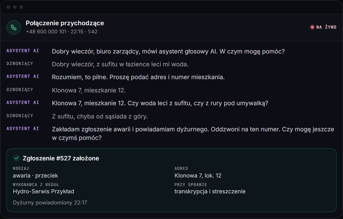 Transkrypcja rozmowy telefonicznej z asystentem głosowym AI, który przedstawia się jako AI, ustala adres i zakłada zgłoszenie awarii