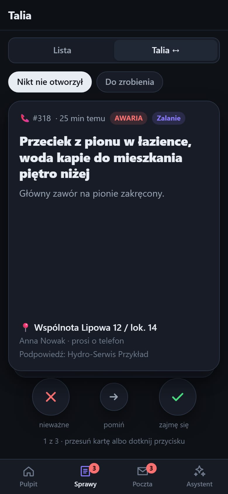 Aplikacja na Androida biura zarządcy: sprawy jako talia kart, jedna decyzja naraz, z budynkiem, rodzajem sprawy i przyciskami decyzji