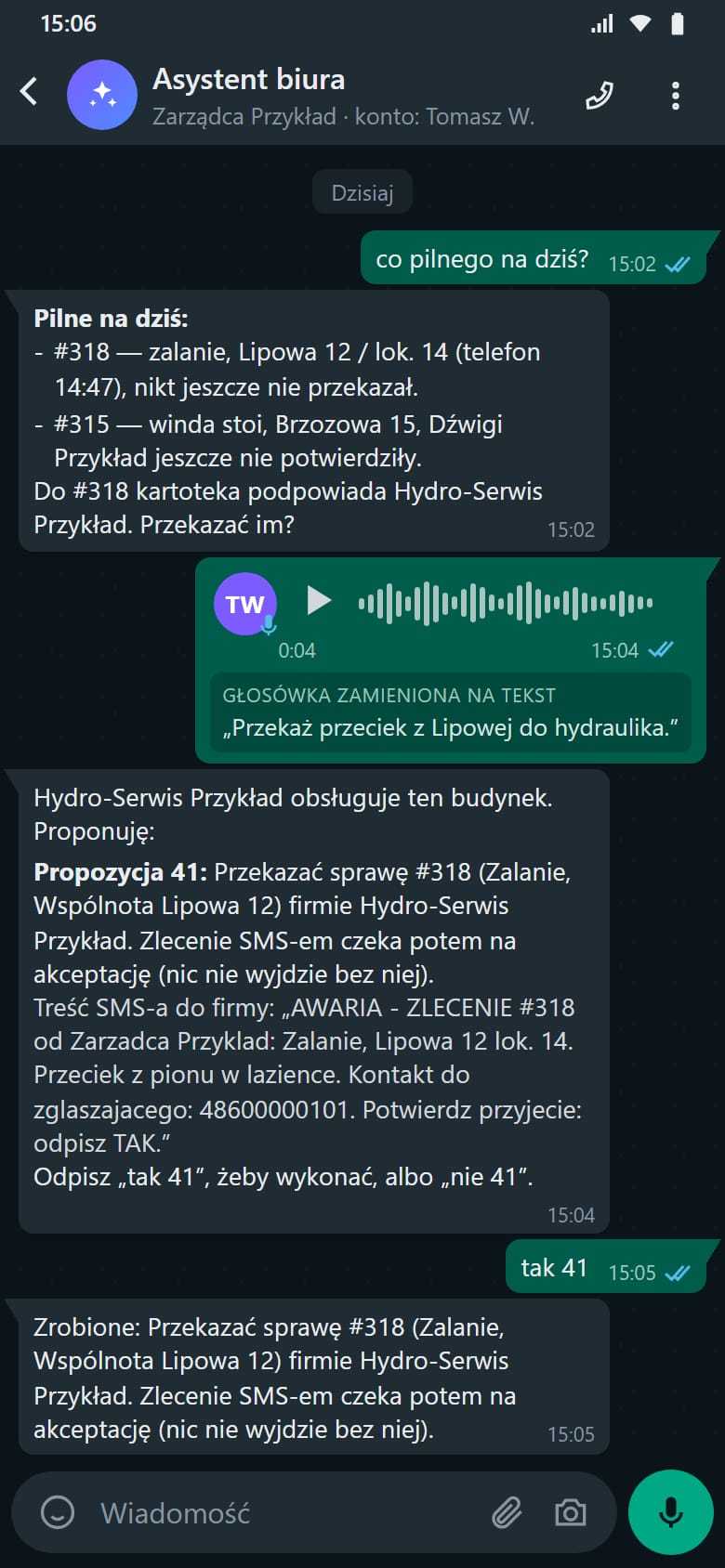 Rozmowa pracownika biura z asystentem AI na WhatsAppie: lista pilnych spraw, głosówka zamieniona na tekst i propozycja przekazania sprawy wykonawcy